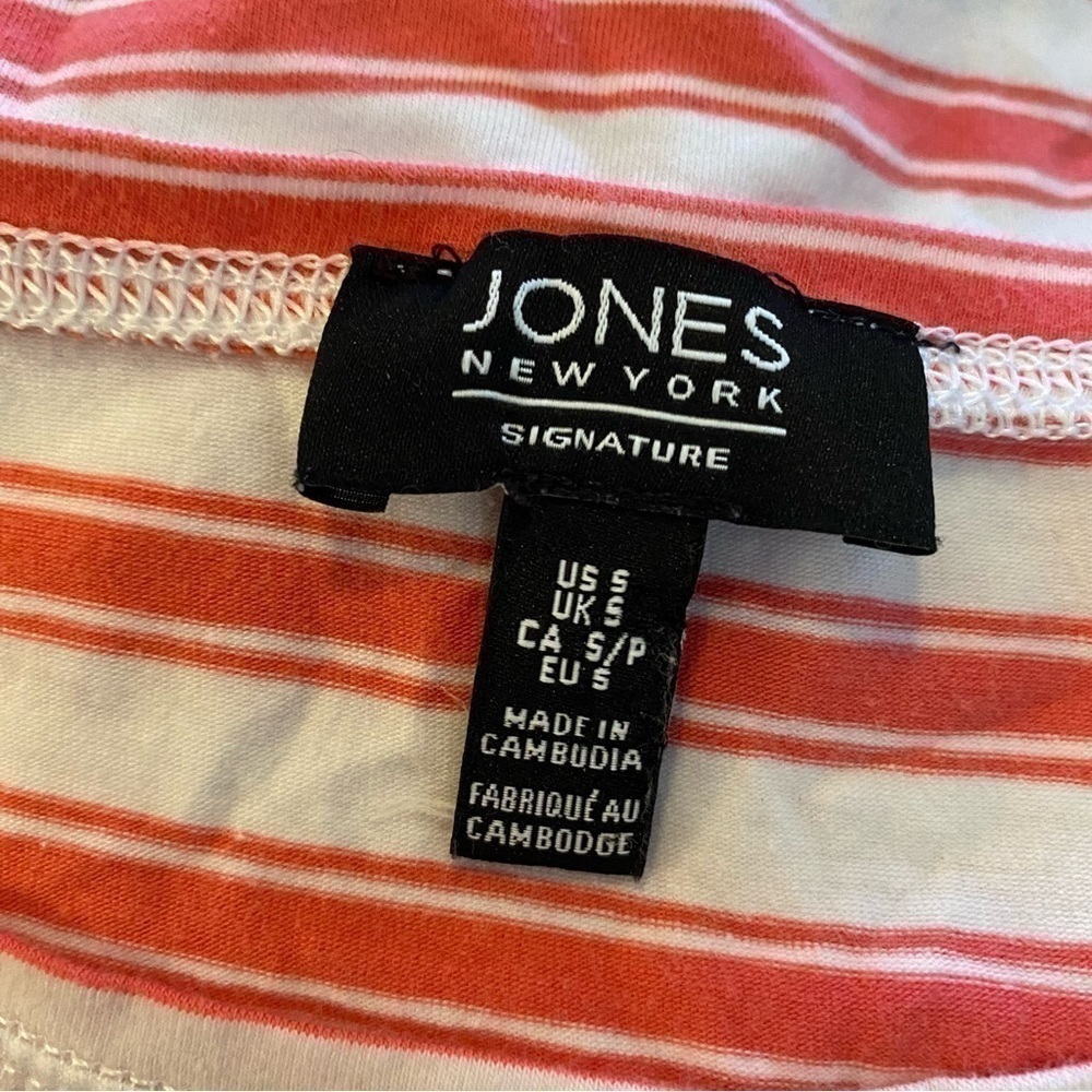 Jones New York Signature Tie Sleeve Striped Tee Pink Coral White Small - Picture 3 of 5
